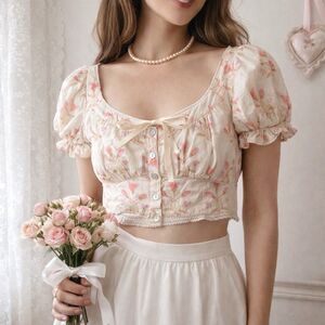 Free People Easy to Love Crop Top Sz Small Floral Puff Sleeves Coquette Babydoll
